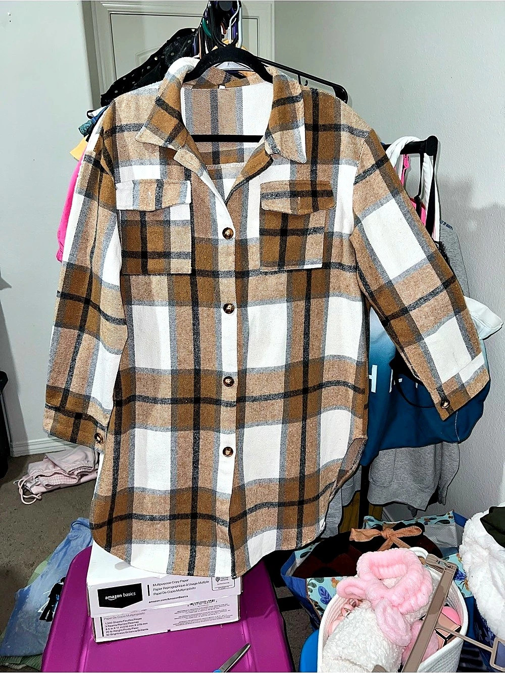 Plaid Shacket in Brown & White XL Like New